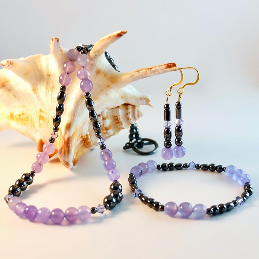 Three Piece Jewellery Set, Necklace, Bracelet, Earrings Hematite & Quartz - Sale