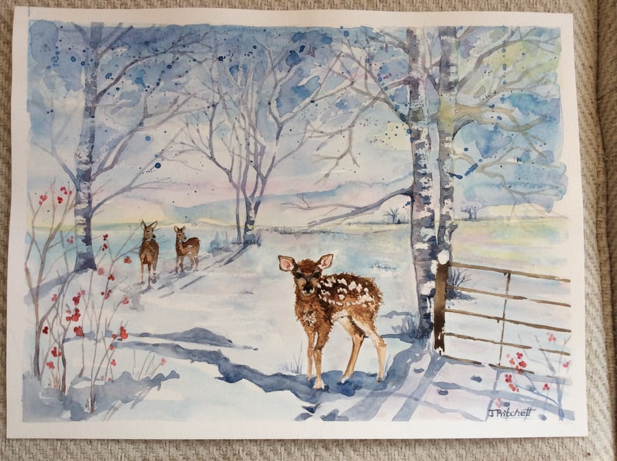 Original watercolour painting of deer in snowy landscape