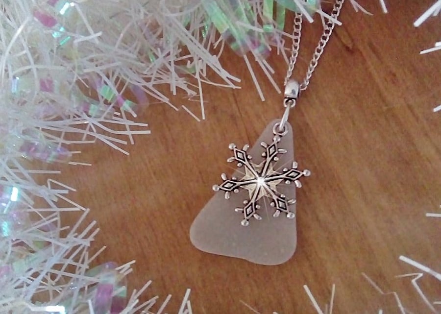 Snowflake necklace with sea glass. Christmas necklace Christmas jewellery.