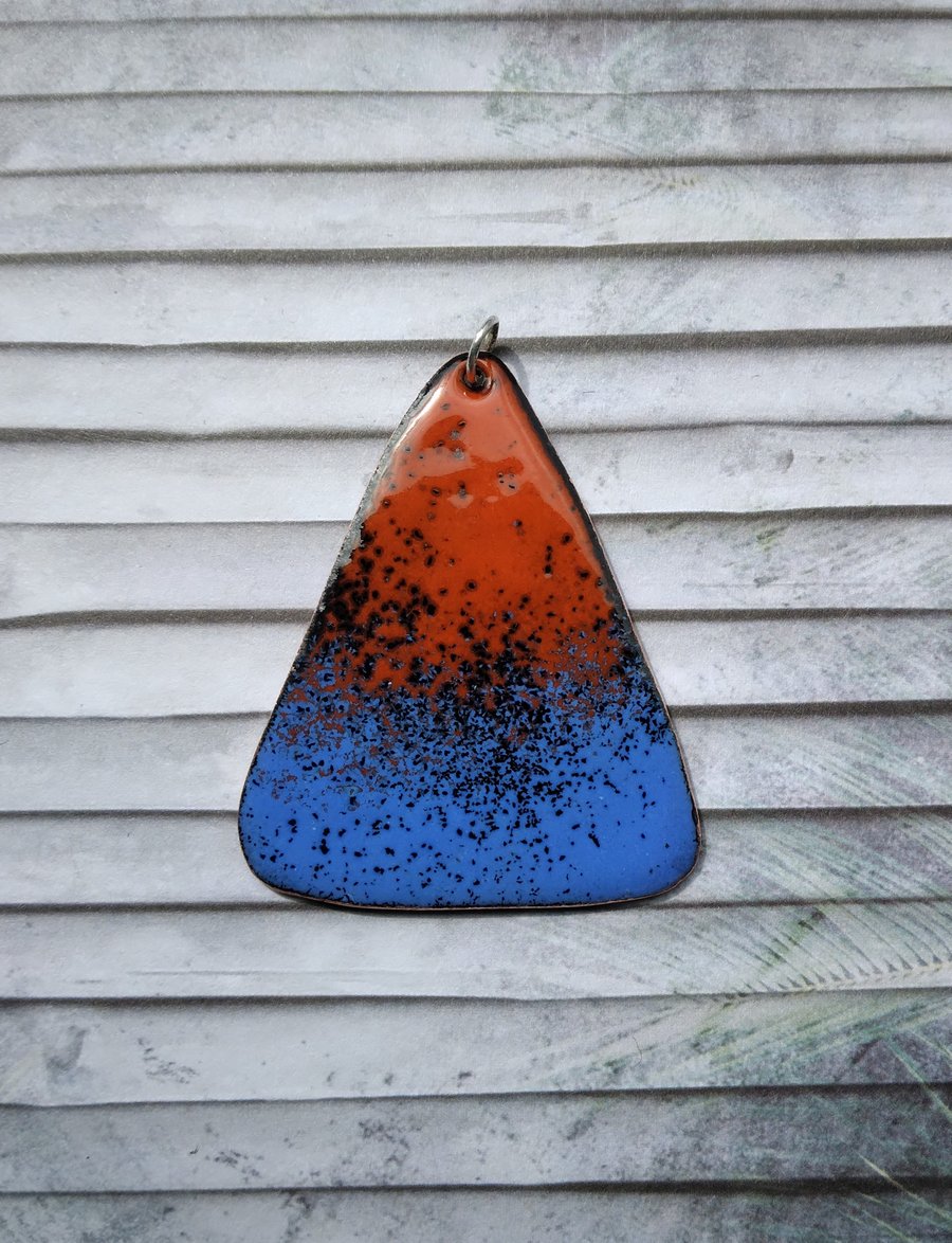 Triangle pendant in blue and red enamel on recycled copper 178