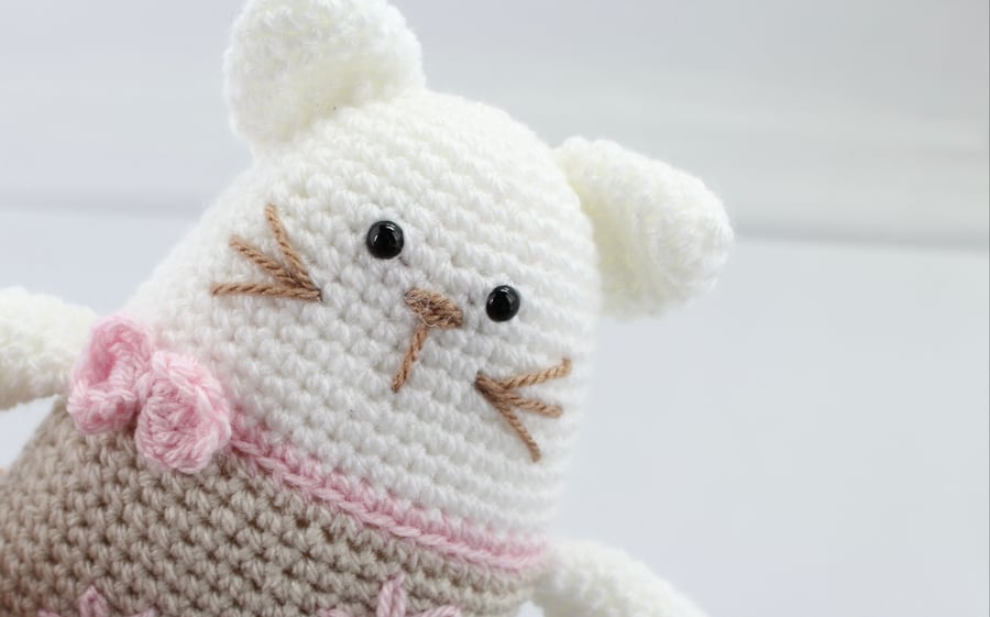 Crochet cat toy, pink and taupe cat, hand crochet gift for girls. 