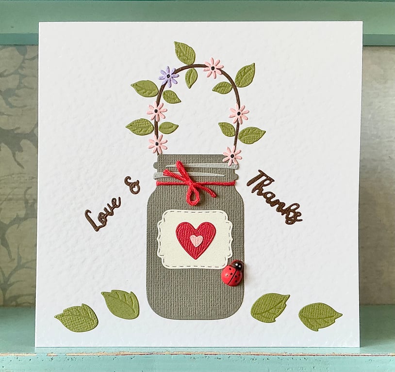Thank You Card. Mason Jar Card. Handmade Die Cut Card. Kilner Jar Card. Ladybird