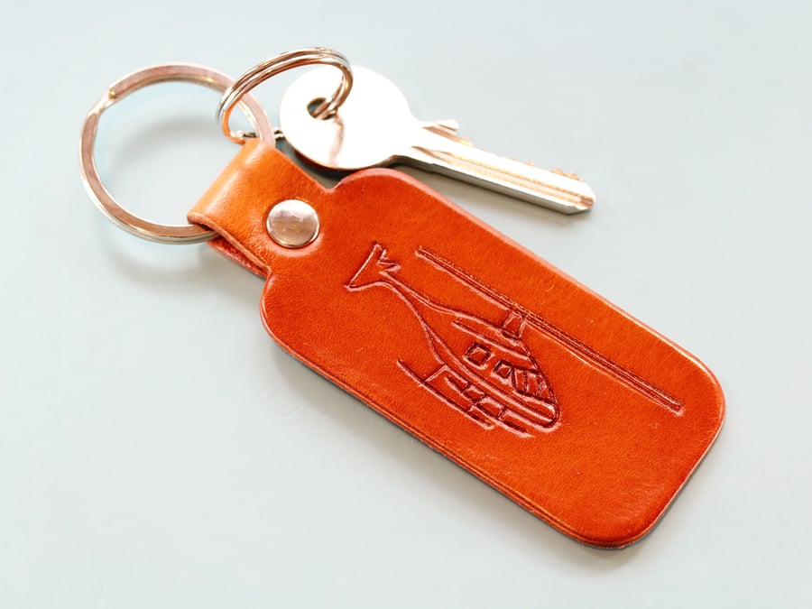 Hand-Carved Helicopter Leather Keyring, Leather Key Fob, Unique Gift For Pilot
