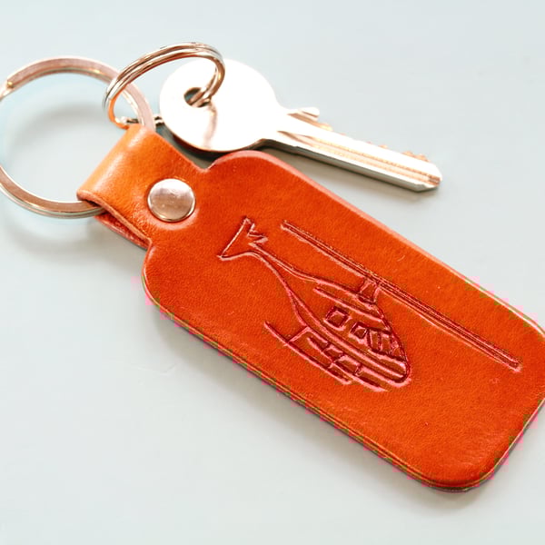 Hand-Carved Helicopter Leather Keyring, Leather Key Fob, Unique Gift For Pilot