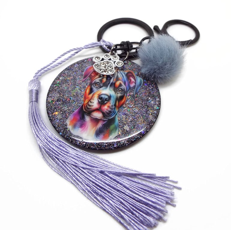 Rainbow Dog Bag Charm Keyring, Handmade with Resin and Charms