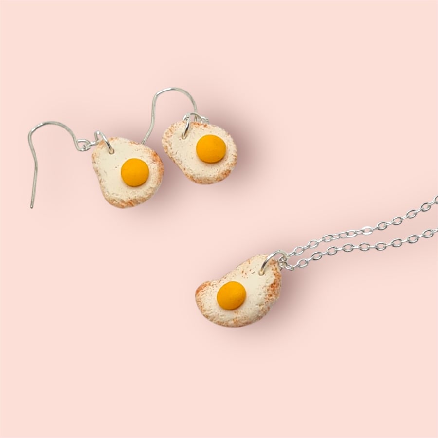 Fried Eggs Jewellery Set Kawaii Miniature Food Necklace & Earrings Gift For Her