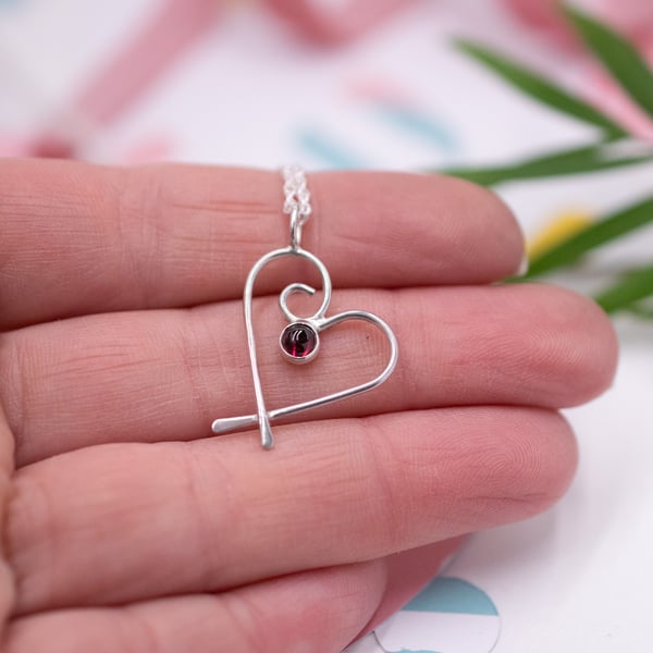 Silver wire heart pendant necklace with garnet stone for Valentines Gift