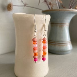 Pink, coral and orange mix seed bead earrings, silver-plated