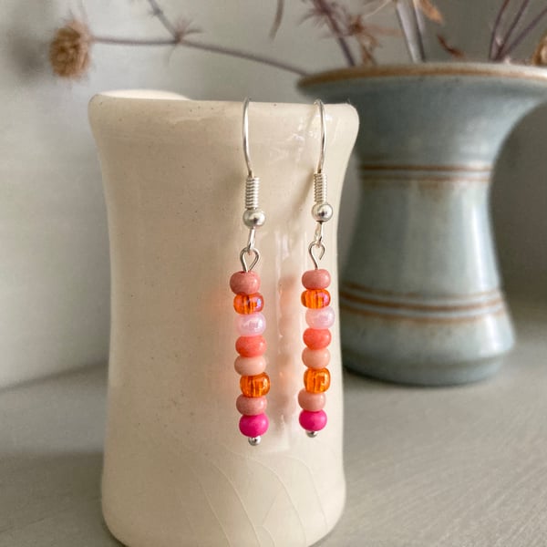 Pink, coral and orange mix seed bead earrings, silver-plated
