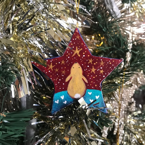 Original Painting Christmas Little Star gazing bunny Decoration by Jo Roper