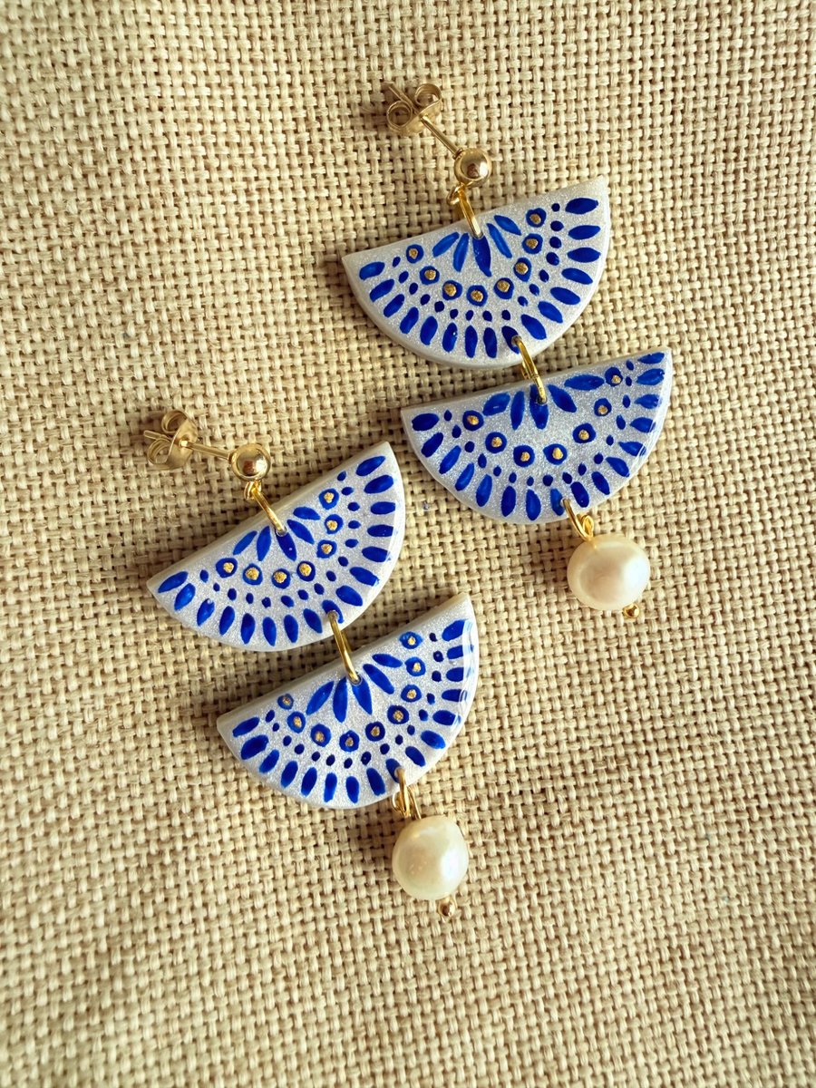 MARINA - Blue and White Pearl Statement Earrings