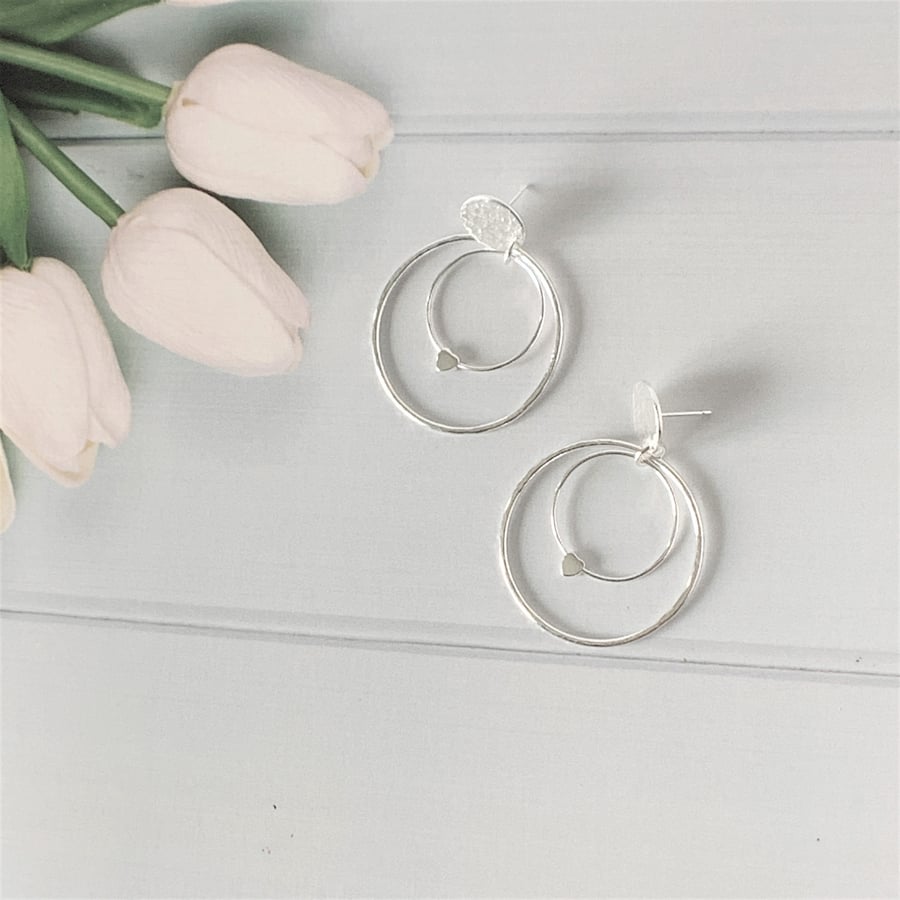 Large eco sterling silver double hoop stud earrings with heart bead
