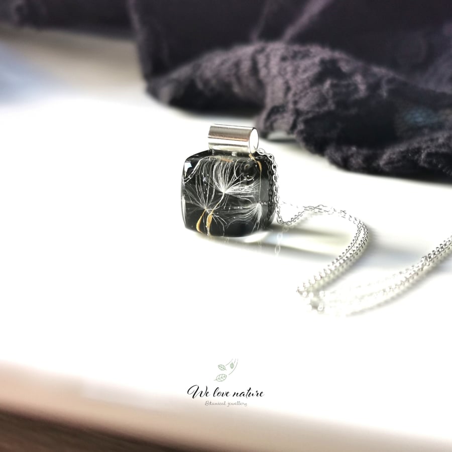 Real Dandelion seeds Black cube Silver necklace, Make a wish silver necklace 