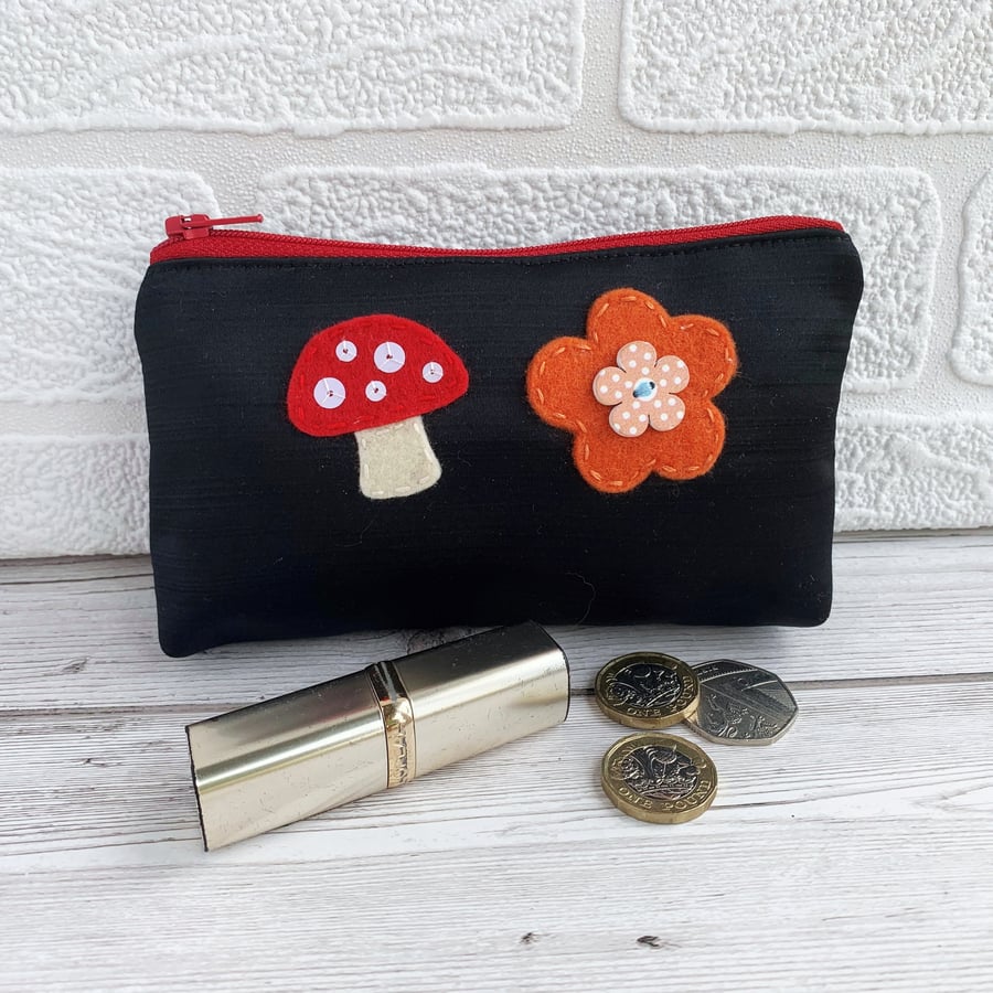 SALE Large black satin coin purse with orange and red felt flower and mushroom