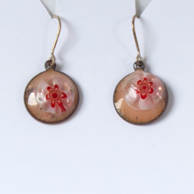 red on white bead enamelled earrings