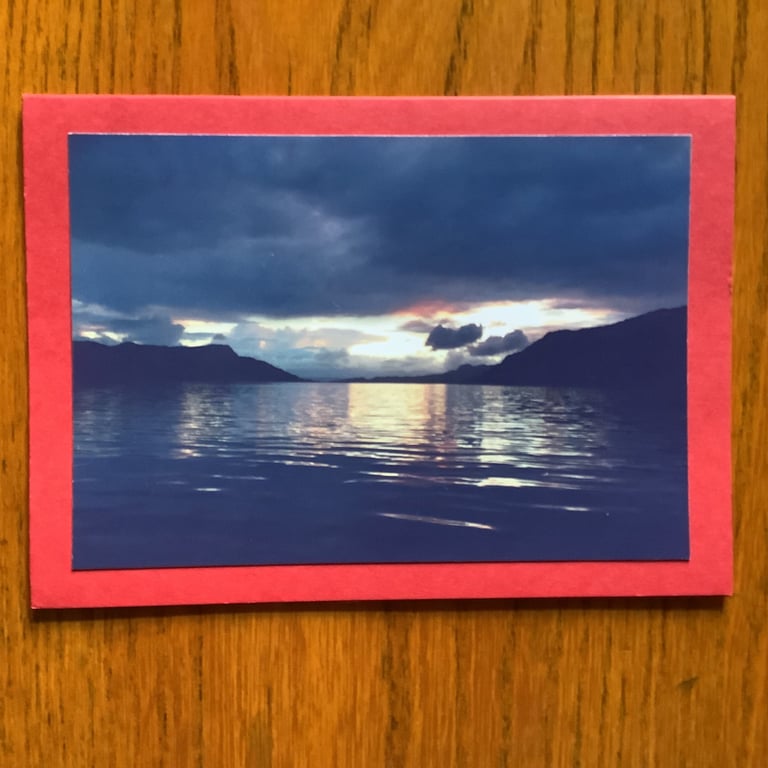 Handmade photo card of Scottish Loch at Sunset