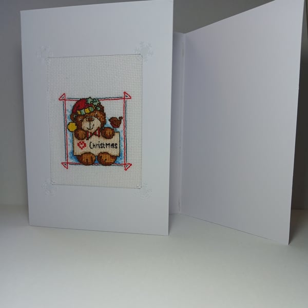 Festive Bear Christmas Card – Hand-Stitched Embroidery – Unique Holiday Keepsake