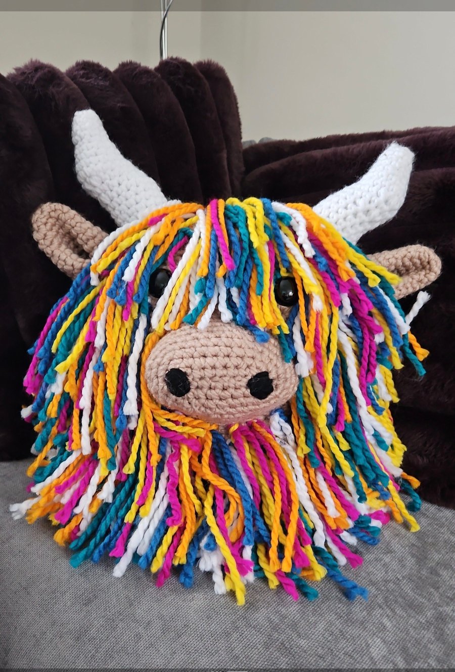Rainbow Highland Coo Crochet Cushion