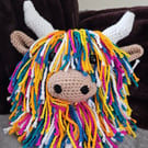 Rainbow Highland Coo Crochet Cushion