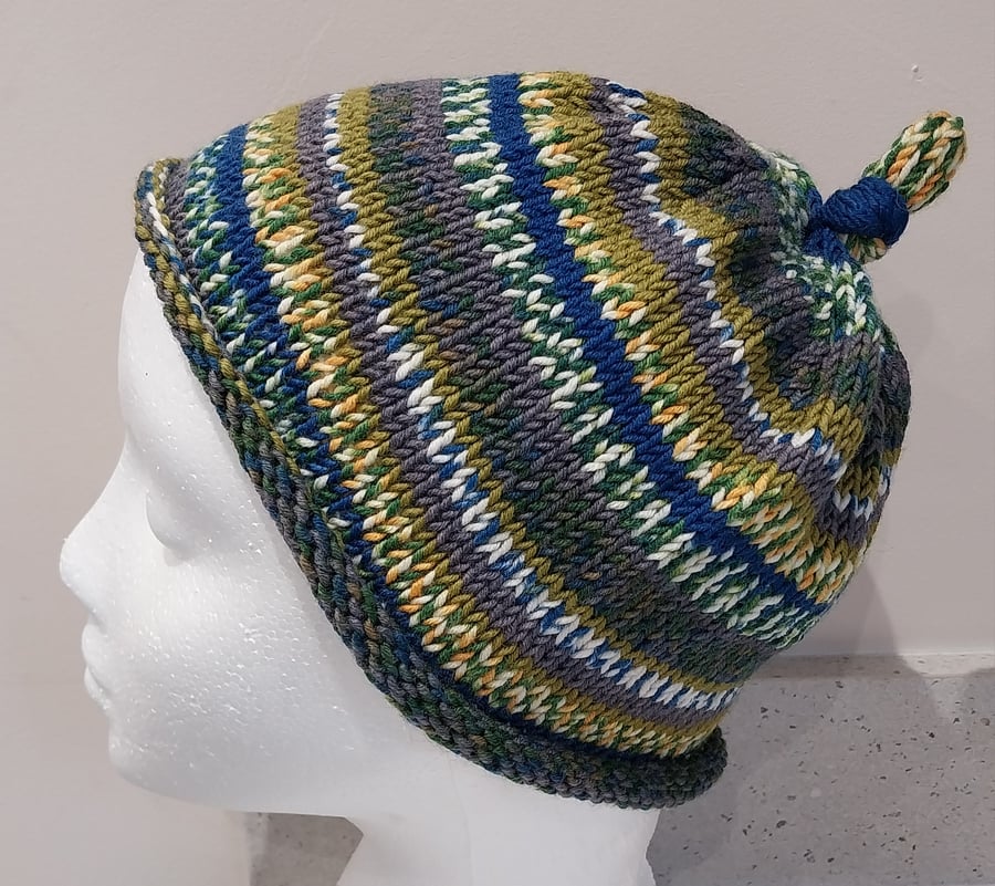 Handknit KNOTTY TOP Merino Beanie. Fairisle effect Olive Blue Small