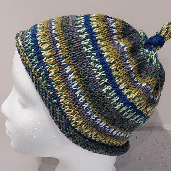 Handknit KNOTTY TOP Merino Beanie. Fairisle effect Olive Blue Small
