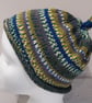 Handknit KNOTTY TOP Merino Beanie. Fairisle effect Olive Blue Small - Image 1
