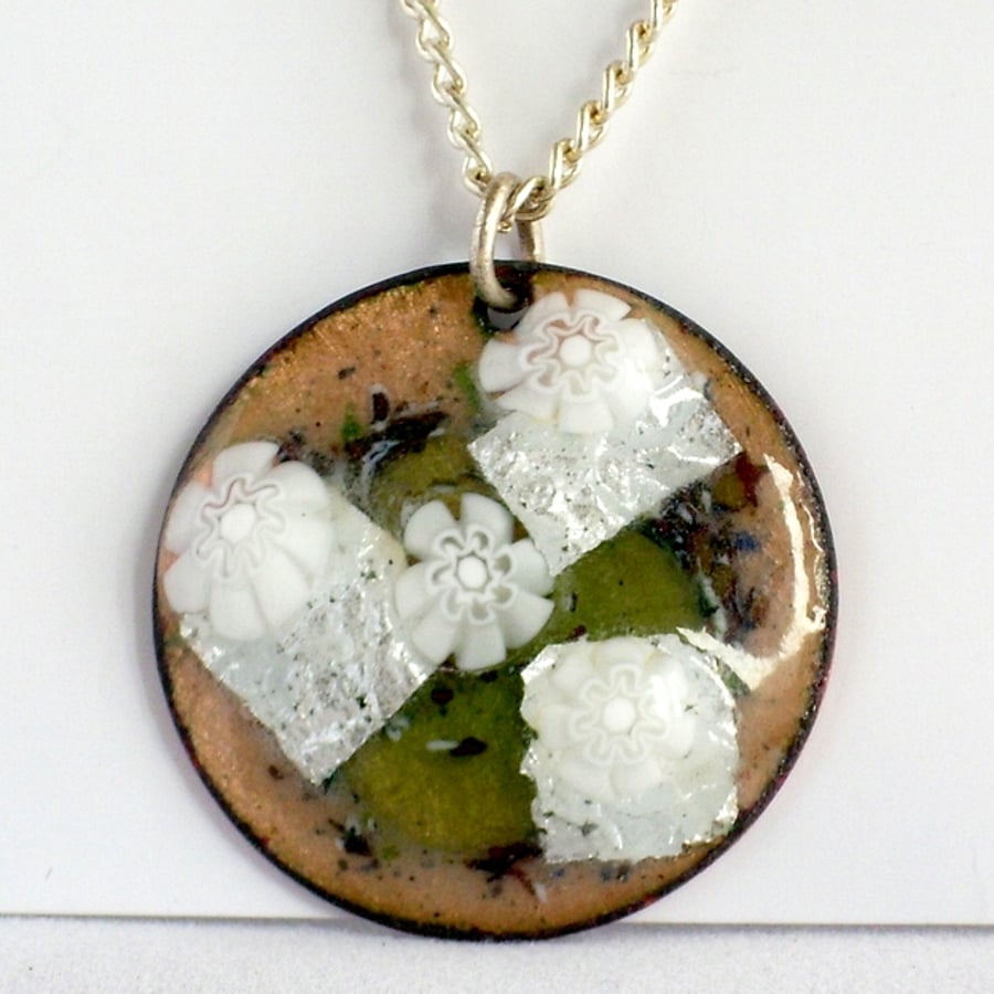 pendant - round: white millefiore beads on silver over yellow and clear enamel