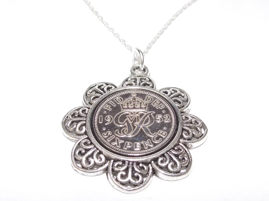 Floral Pendant 1952 Lucky sixpence 69th Birthday plus a Sterling Silver 18in Cha