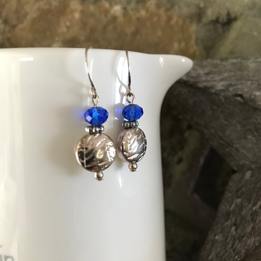Silver drop earrings, Blue earrings