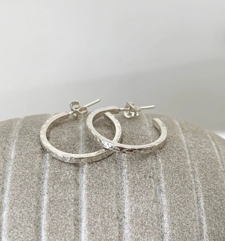 Silver Small Hoop Earrings - Sterling Silver Hammered Open Hoops - Delicate Spar