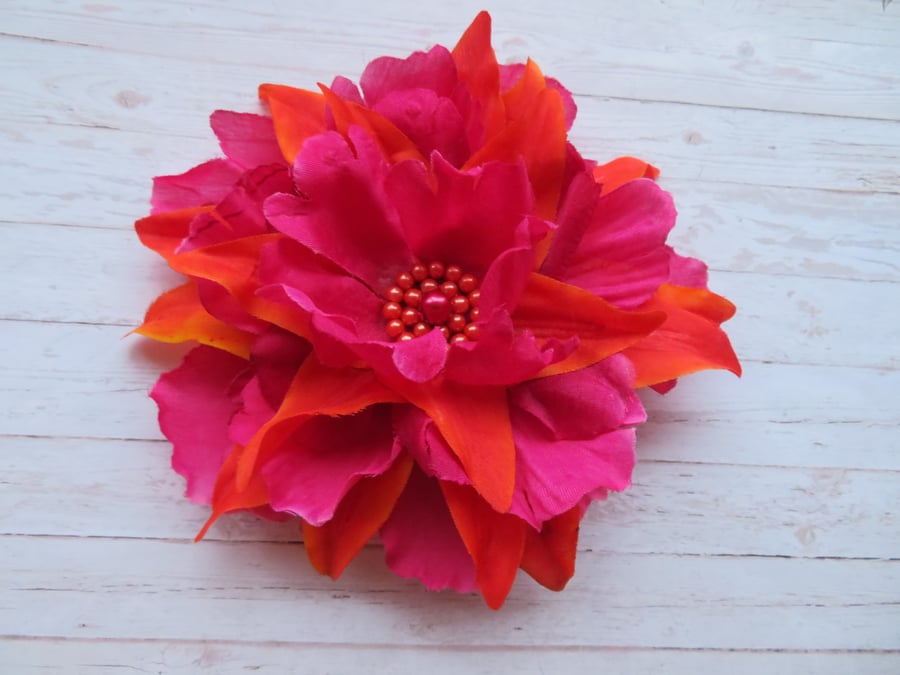 Dark Raspberry Pink & Deep Orange Flower Vintage Rockabilly Clip