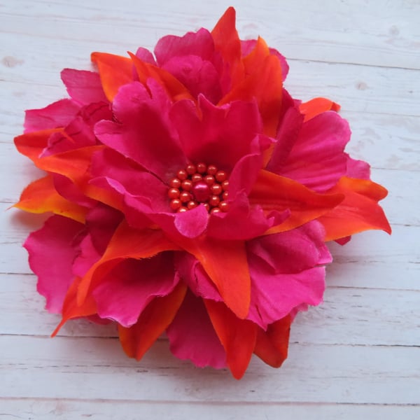 Dark Raspberry Pink & Deep Orange Flower Vintage Rockabilly Clip