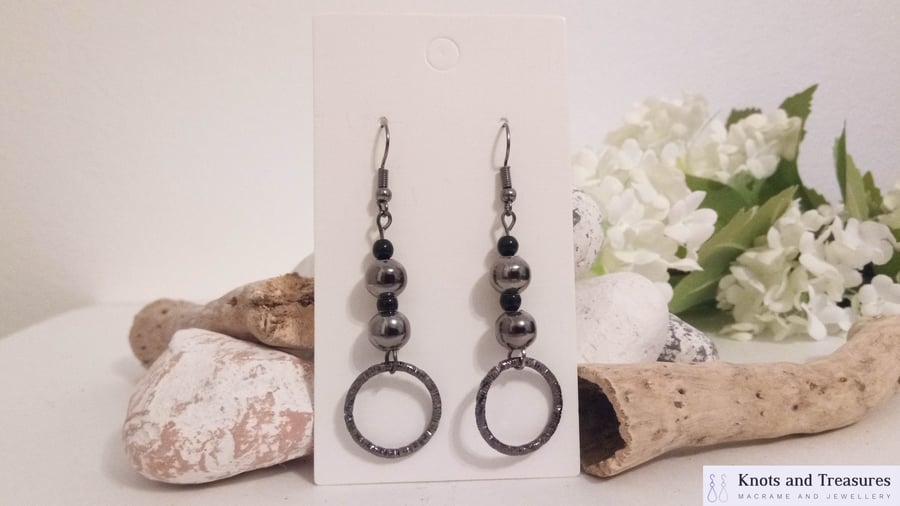 Gun Metal and Black Bead and Hoop Earrings