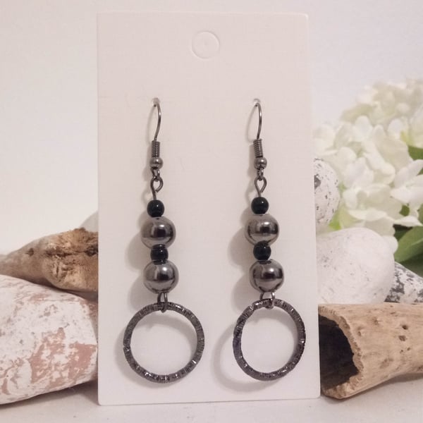 Gun Metal and Black Bead and Hoop Earrings