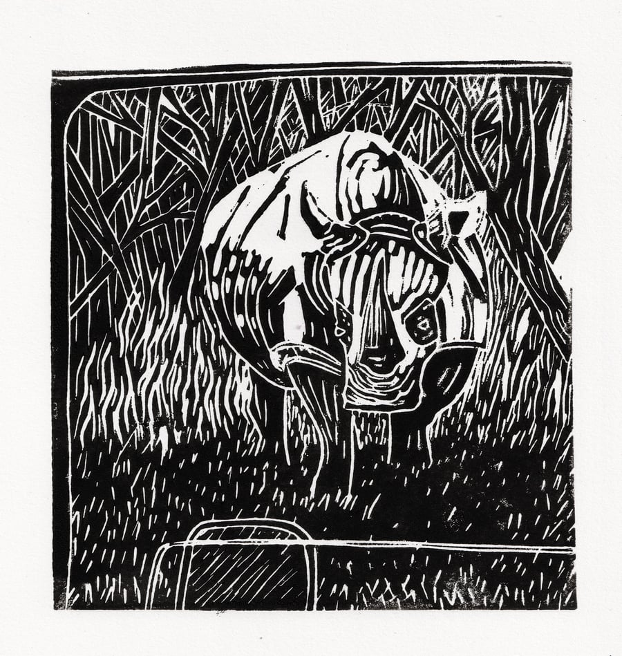 Image of Handcrafted Lino Print of a Rhino Emerging from the Forest 
