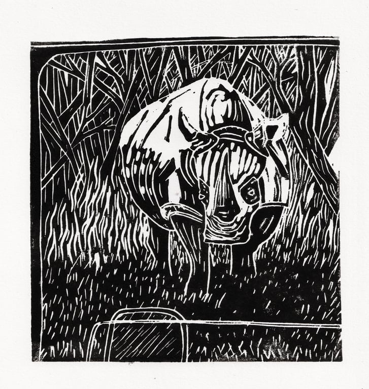 Handcrafted Lino Print of a Rhino Emerging from the Forest 