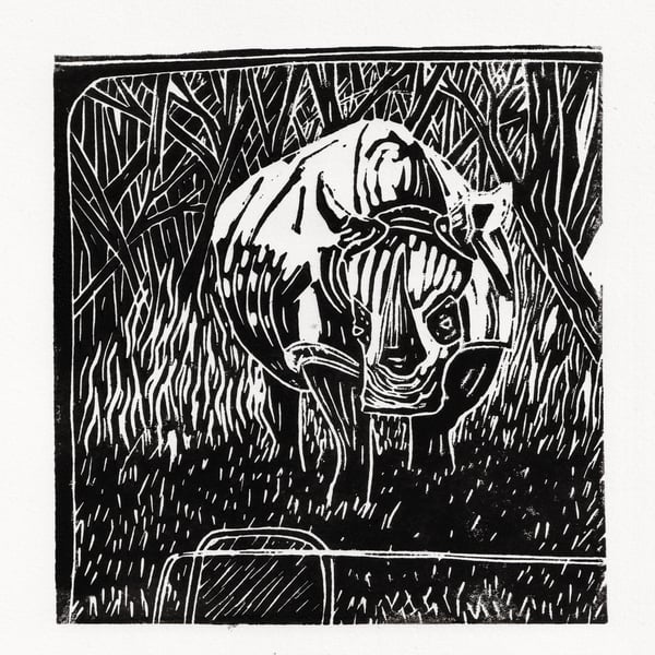 Handcrafted Lino Print of a Rhino Emerging from the Forest 