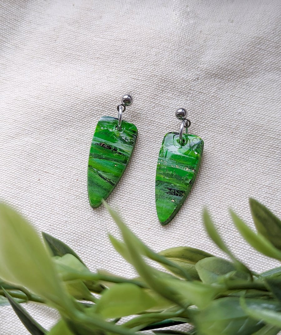 Mixed Green Hue Cuspids & Ball Stud Earrings 