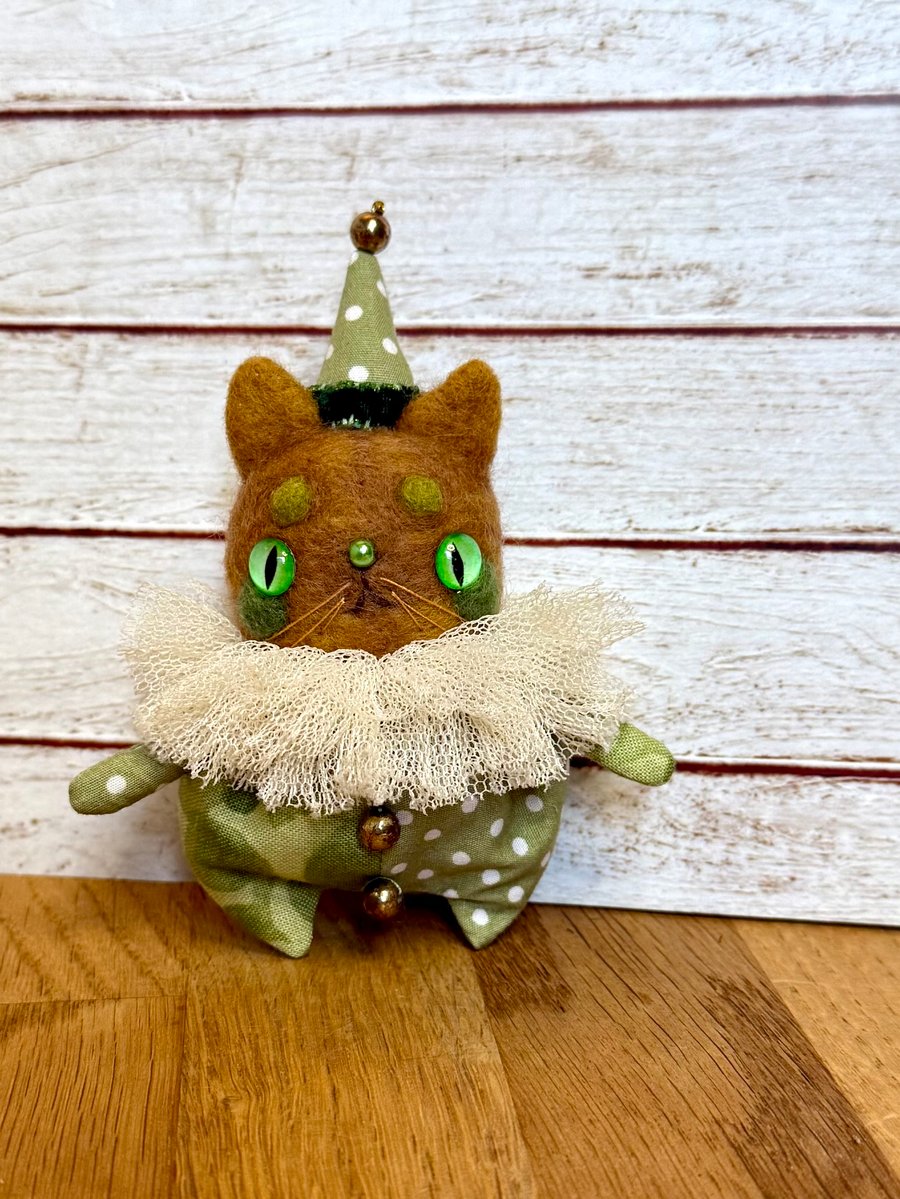 Miniature Needlefelted Kitty Clown Art Doll Green Brown