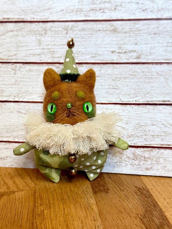 Miniature Needlefelted Kitty Clown Art Doll Green Brown