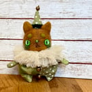 Miniature Needlefelted Kitty Clown Art Doll Green Brown