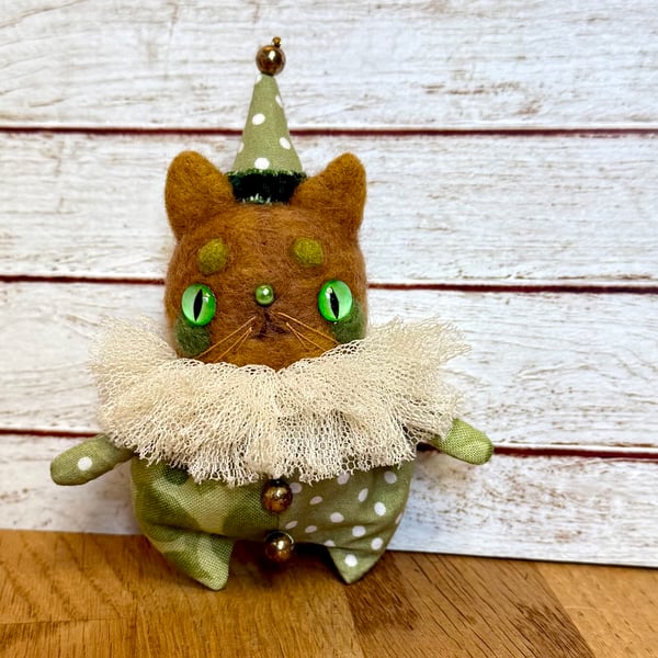 Miniature Needlefelted Kitty Clown Art Doll Green Brown
