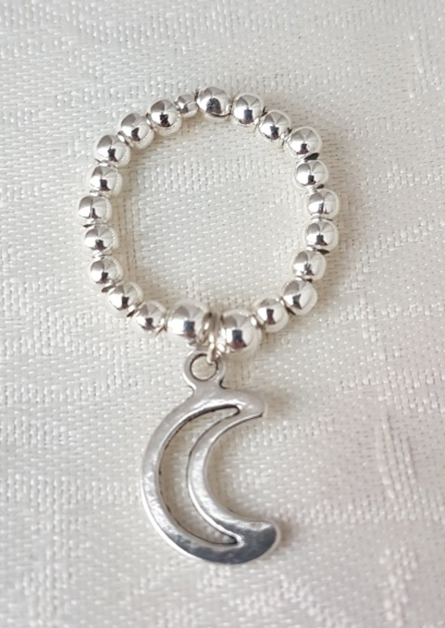 Beautiful Silver bead Ring with Crescent Moon charm - UK Ring Size M