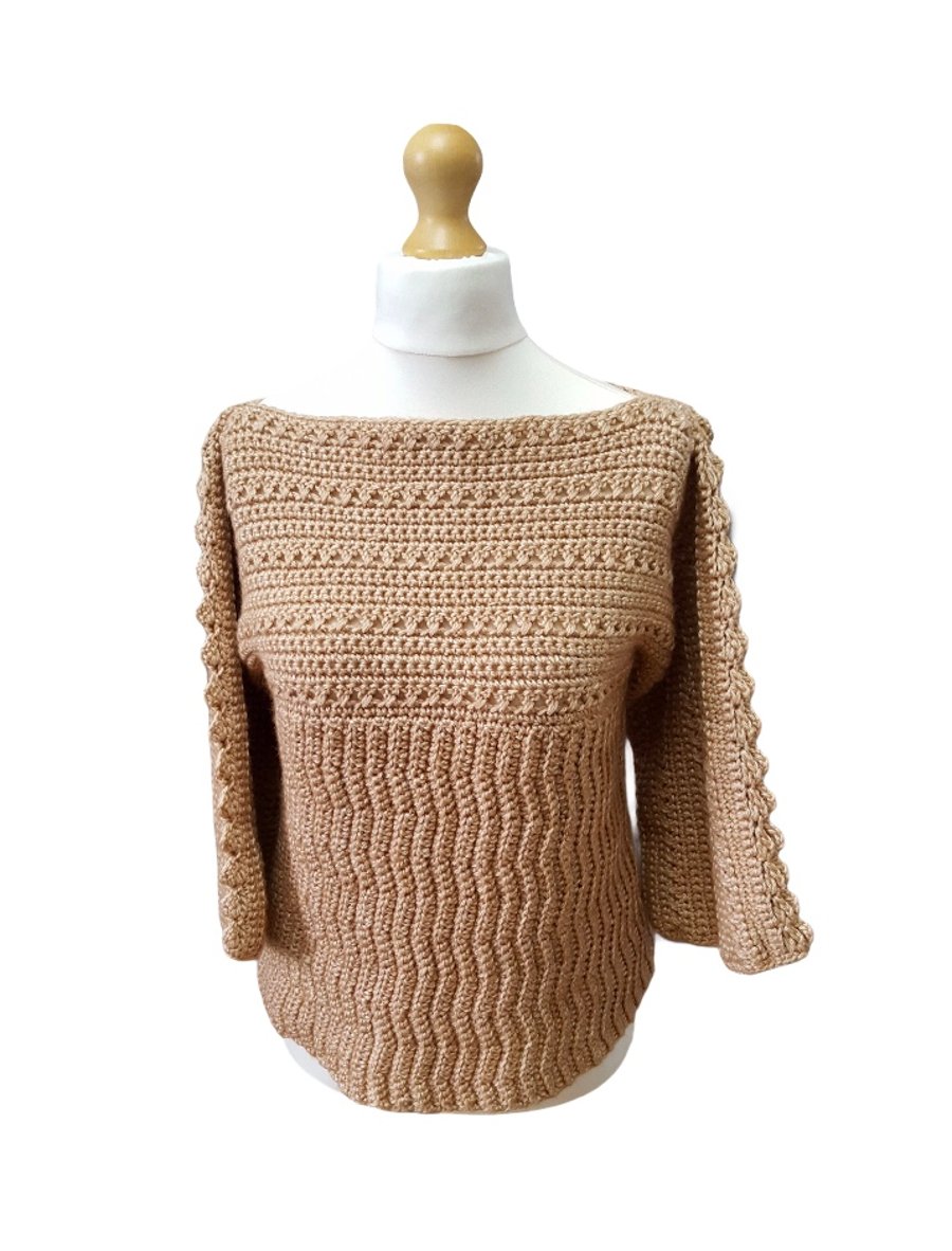 Boat neck style ladies beige sweater. With three quarter  sleeves. U.K size 14.