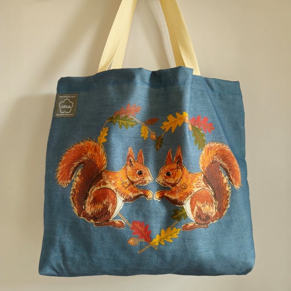 Red Squirrel printed cotton gusseted tote bag, organic cotton, reusable bag
