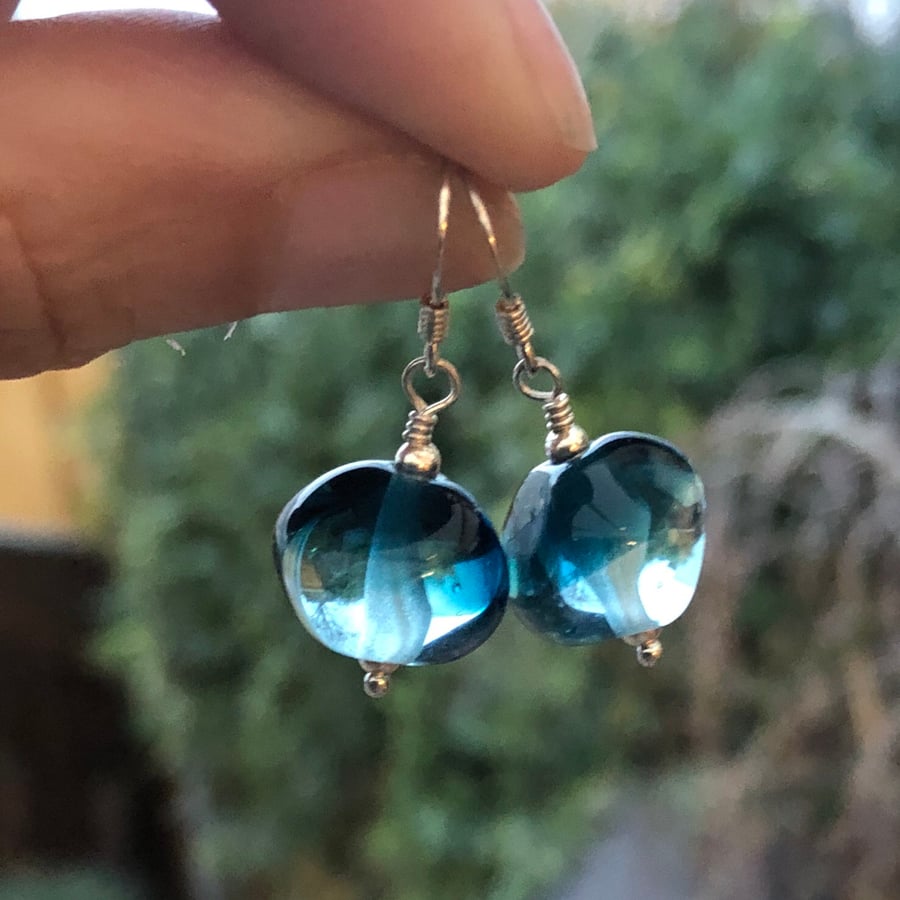 Blue ombré lampwork nugget and sterling silver earrings.
