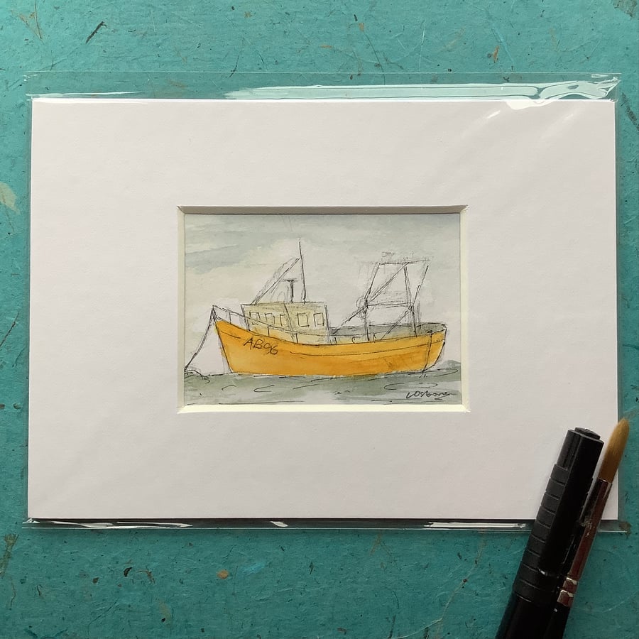 Fishing boat III - miniature original watercolour, pen and ink.