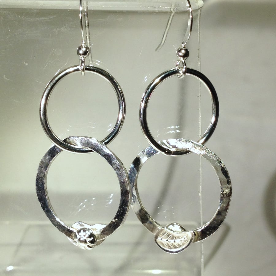 Hammered circle and leaf earrings