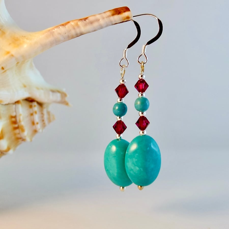 Genuine Turquoise Earrings With Swarovski 'Ruby' Crystals - Handmade In Devon