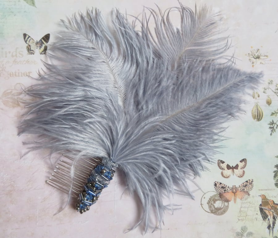 Pale Grey Slate Blue Ostrich Feather & Crystal Beaded Vintage Style Hair Comb 
